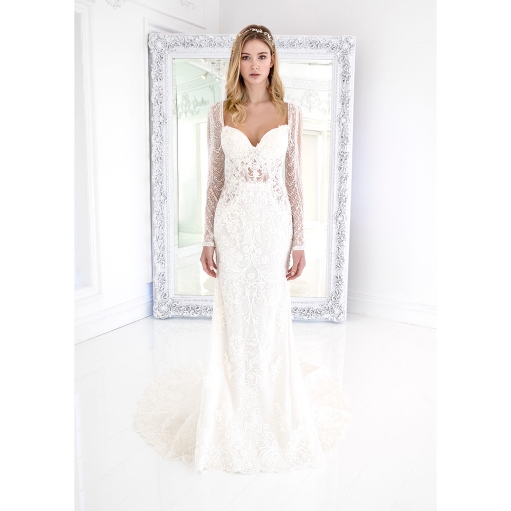 Winnie Couture Henrietta Long Sleeve Beaded Lace Berta Style Sheer Wedding Dress - Picture 4 of 6